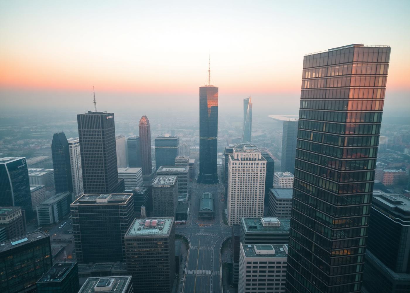 Aerial view of a European financial district at dawn